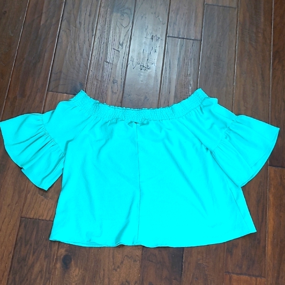 Kaari Blue off-the-shoulder blouse in a vibrant greenish teal color size XL
